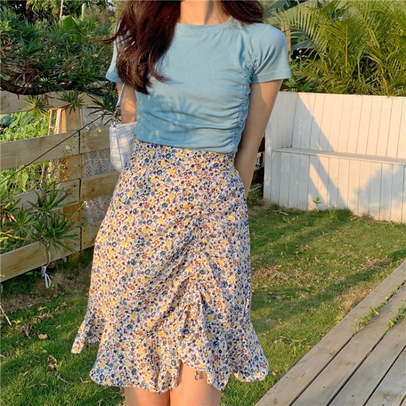 Pleated Floral High Waist Slim Hip Skirt