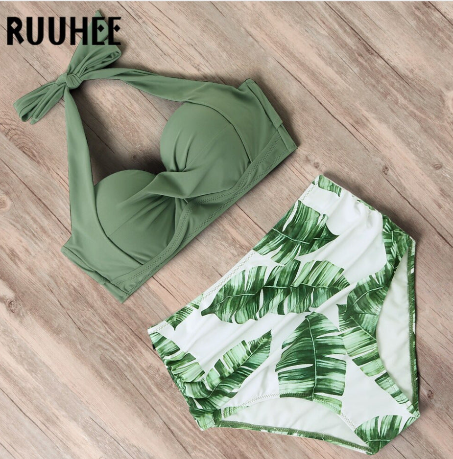 European And American Digital Print High Waist Split Bikini