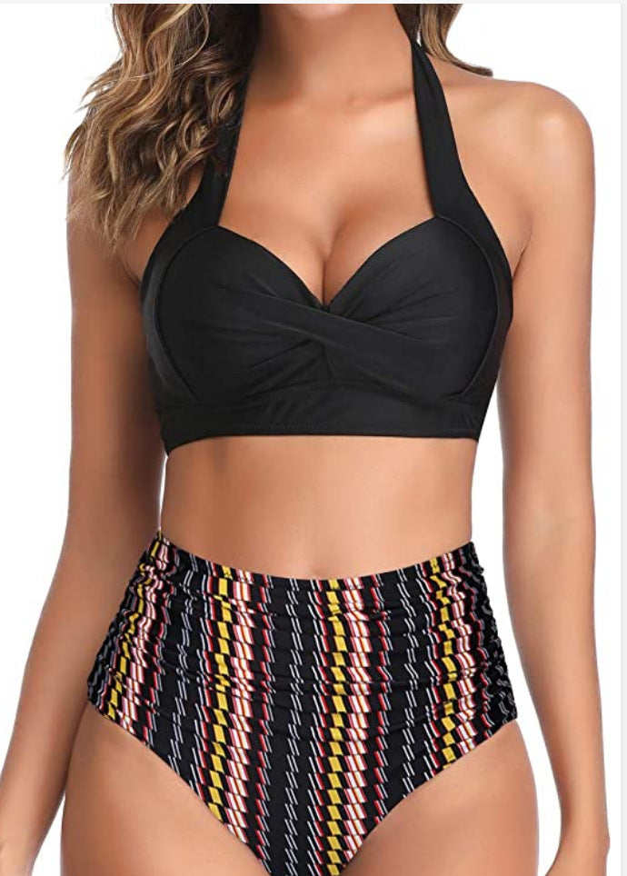 European And American Digital Print High Waist Split Bikini