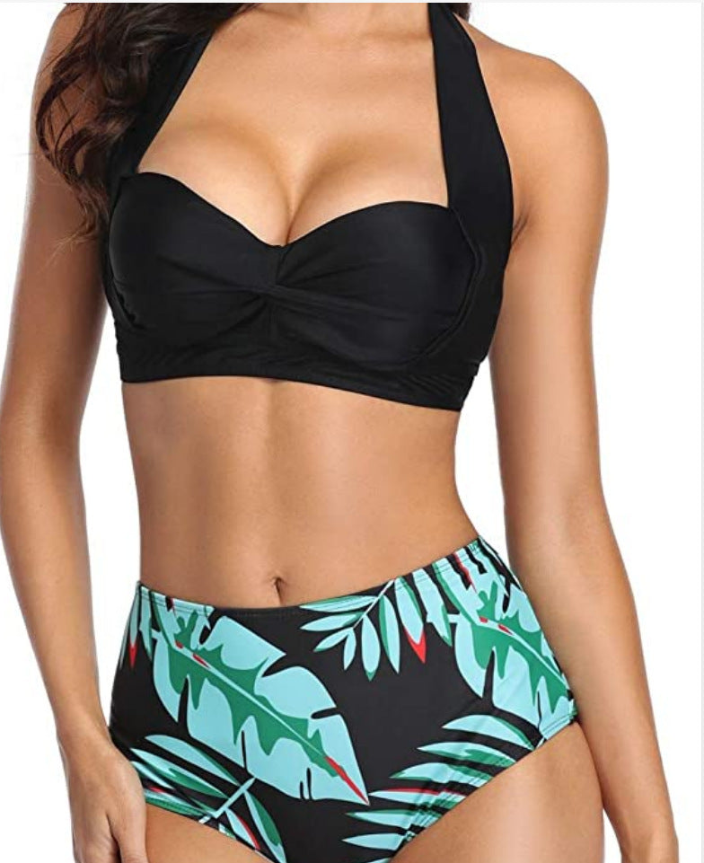 European And American Digital Print High Waist Split Bikini