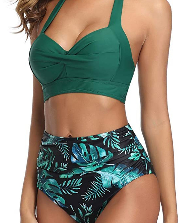 European And American Digital Print High Waist Split Bikini