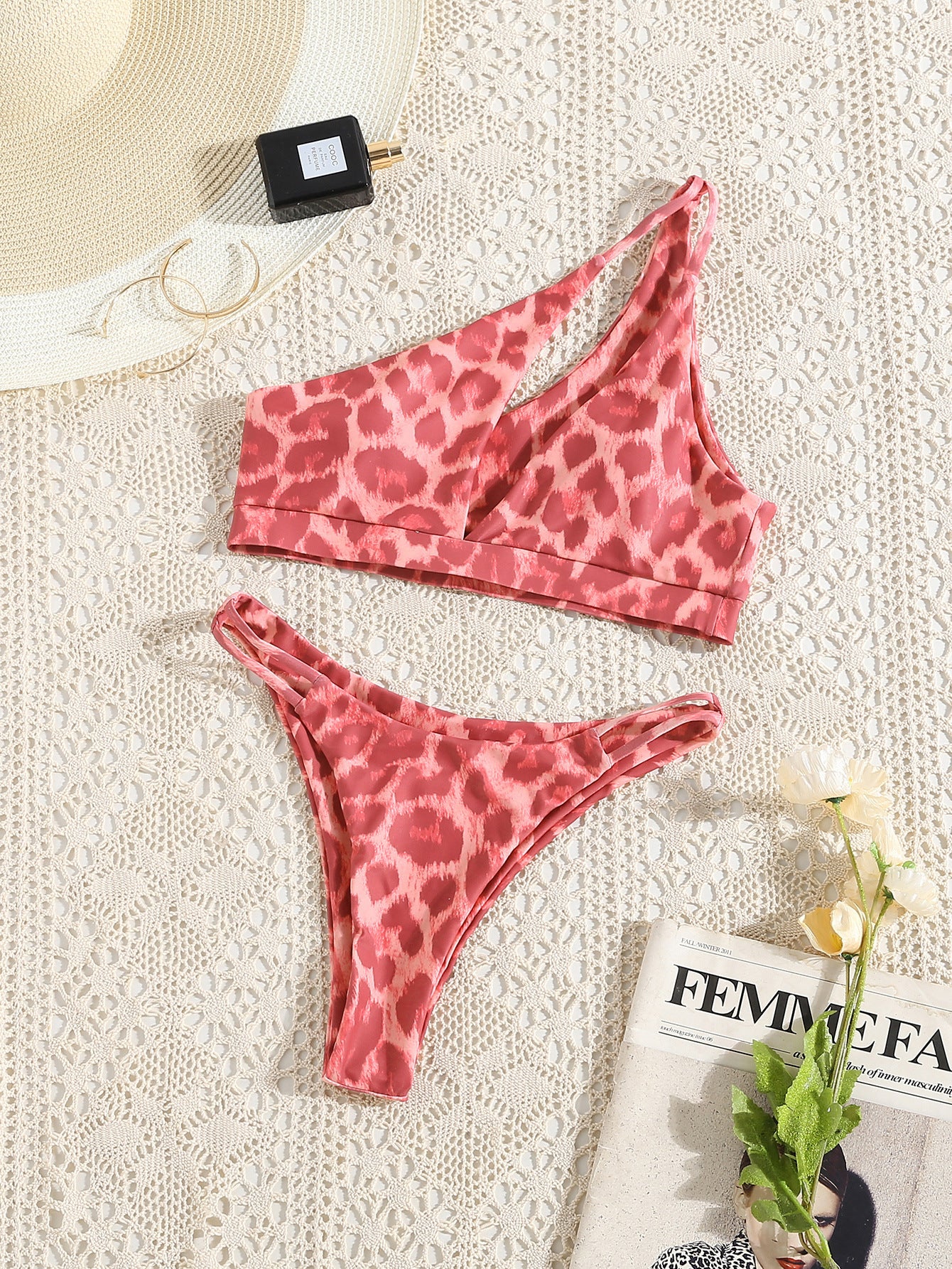 Split-Body Swimsuit With Irregular Straps In Leopard Print