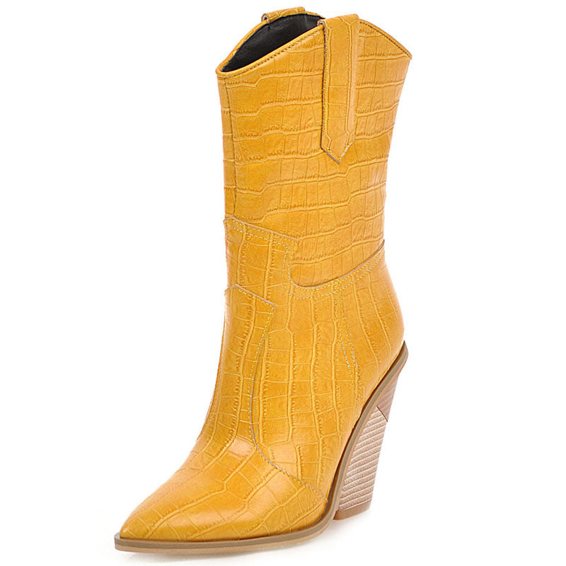 Presenting EuroGlow Pointed Slope Heel Boots, showcasing trend and style for women of all sizes.