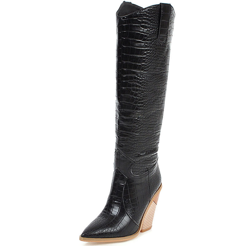 Presenting EuroGlow Pointed Slope Heel Boots, showcasing trend and style for women of all sizes.