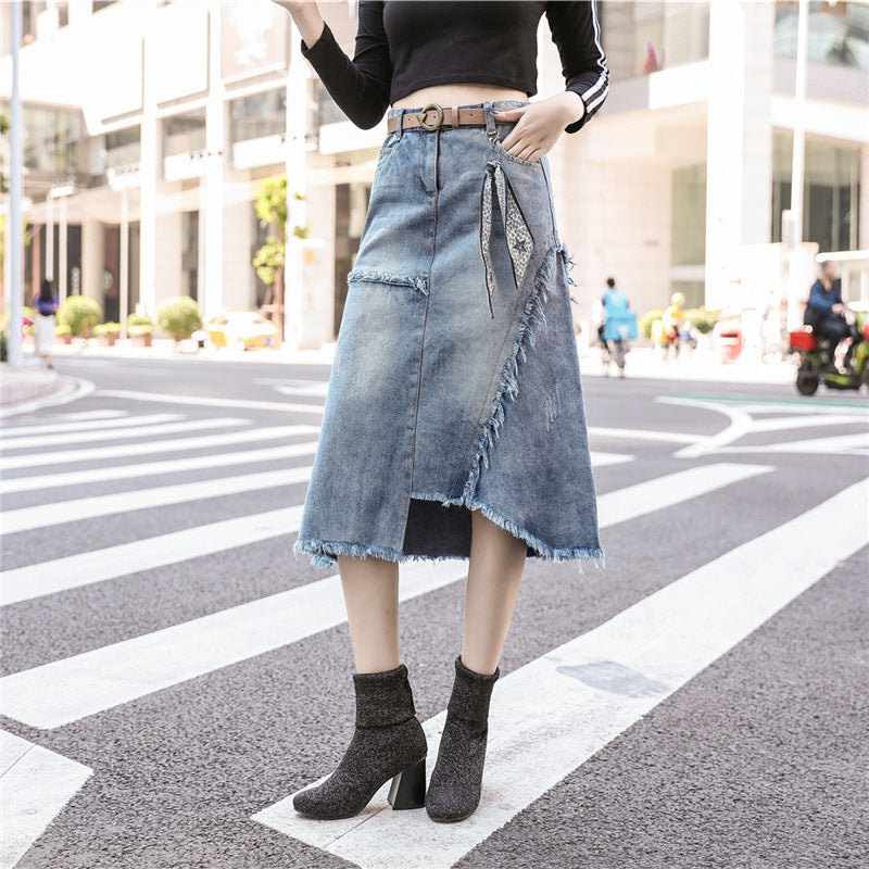 Irregular Slit Denim Skirt