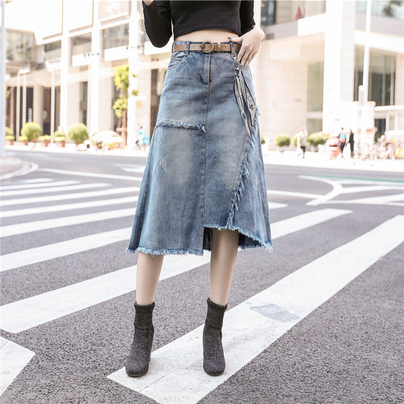 Irregular Slit Denim Skirt