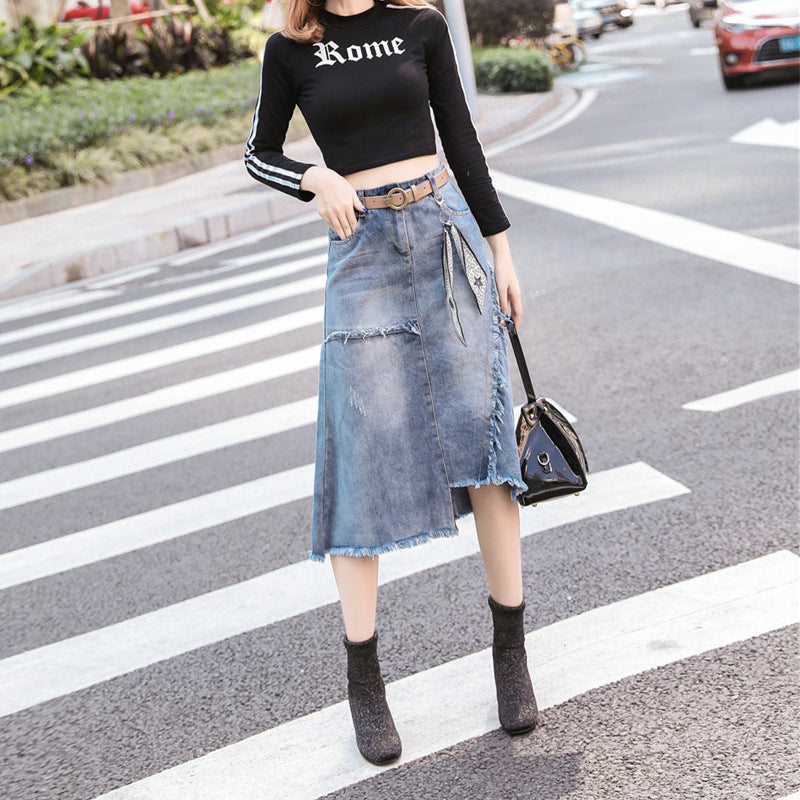 Irregular Slit Denim Skirt