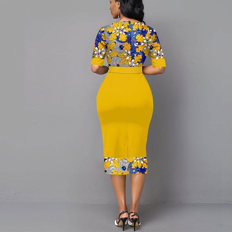 European And American Autumn Women'S Commuter Temperament Yellow Print Slim Mid-Waist Pencil Dress