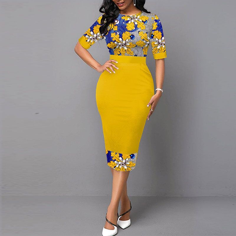 European And American Autumn Women'S Commuter Temperament Yellow Print Slim Mid-Waist Pencil Dress