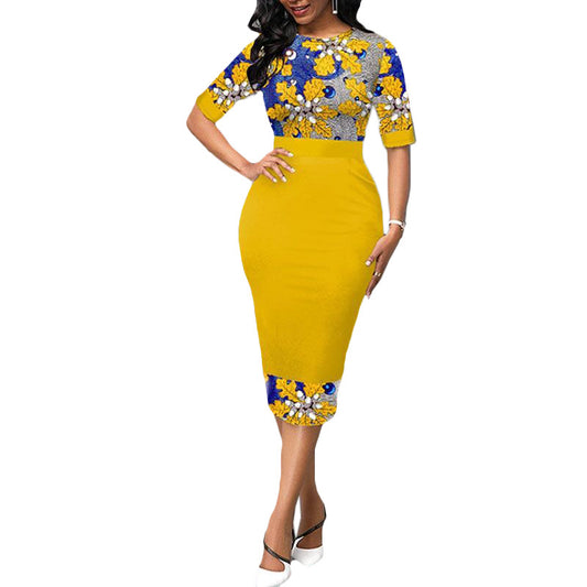 European And American Autumn Women'S Commuter Temperament Yellow Print Slim Mid-Waist Pencil Dress