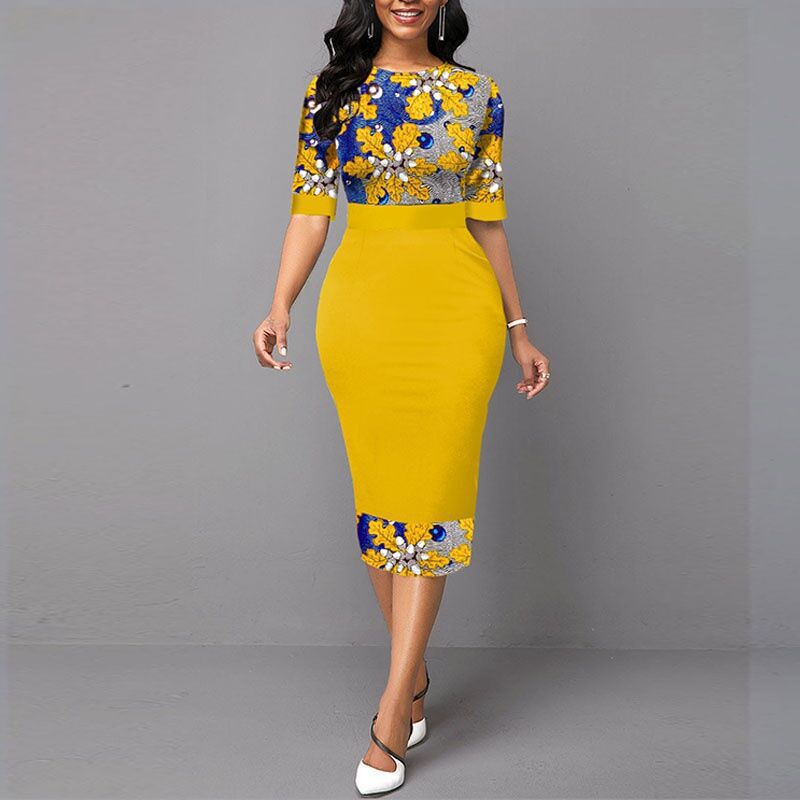 European And American Autumn Women'S Commuter Temperament Yellow Print Slim Mid-Waist Pencil Dress