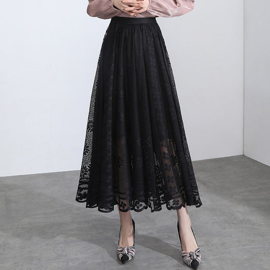 Hollow Lace Half-Length Skirt Female Spring And Summer New A-Line Mid-Length Skirt Large Swing Net Yarn Fairy Pleated Skirt Mid-Length Skirt