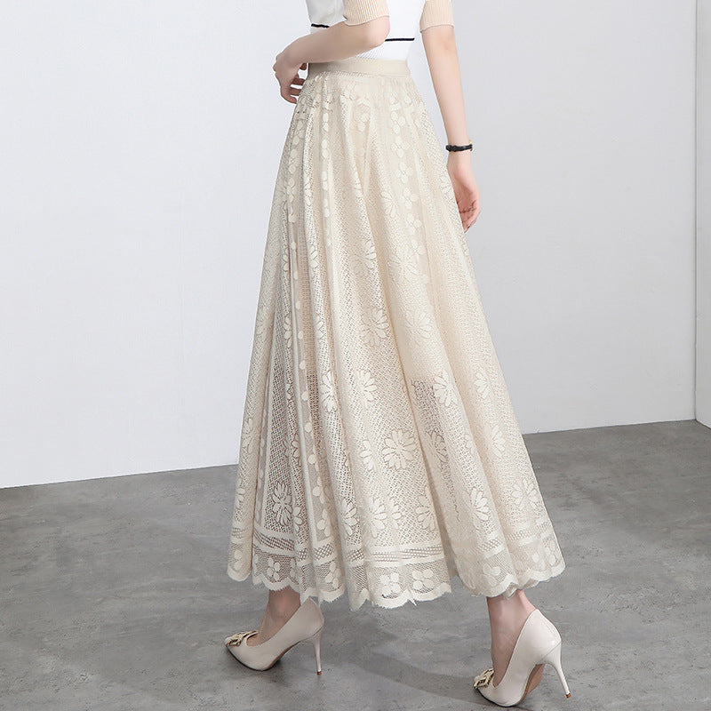 Hollow Lace Half-Length Skirt Female Spring And Summer New A-Line Mid-Length Skirt Large Swing Net Yarn Fairy Pleated Skirt Mid-Length Skirt