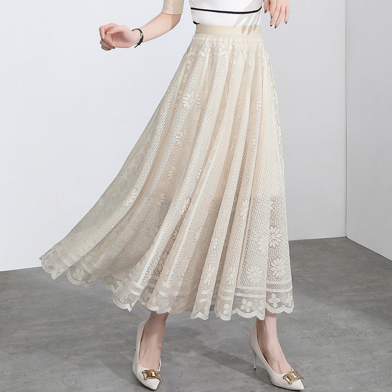 Hollow Lace Half-Length Skirt Female Spring And Summer New A-Line Mid-Length Skirt Large Swing Net Yarn Fairy Pleated Skirt Mid-Length Skirt