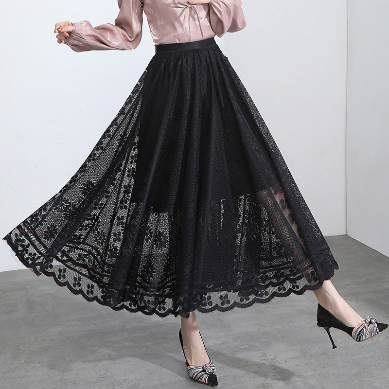 Hollow Lace Half-Length Skirt Female Spring And Summer New A-Line Mid-Length Skirt Large Swing Net Yarn Fairy Pleated Skirt Mid-Length Skirt