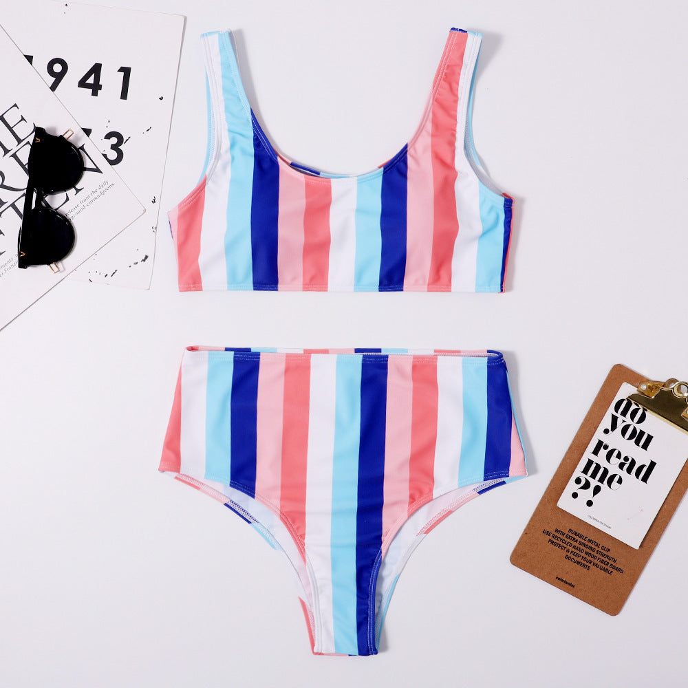 New Style Striped Sports Swimsuit European And American Sexy High Waist Halter Swimsuit Women