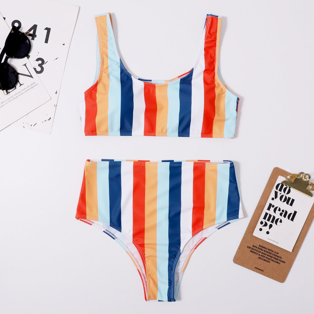 New Style Striped Sports Swimsuit European And American Sexy High Waist Halter Swimsuit Women