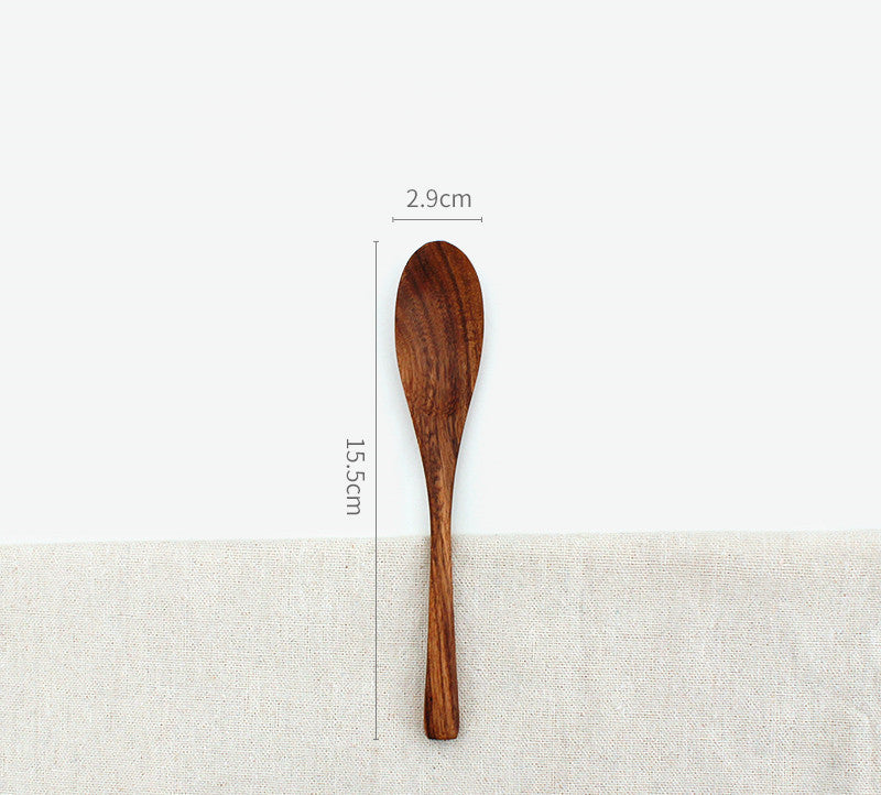 Japanese-style Solid Wood Unpainted Eco-Friendly Teak Wooden Spoon Set - Ideal for Serving Meals, Mixing, and Desserts. Crafted from Natural Teak, Portable and Sustainable Tableware Solution.