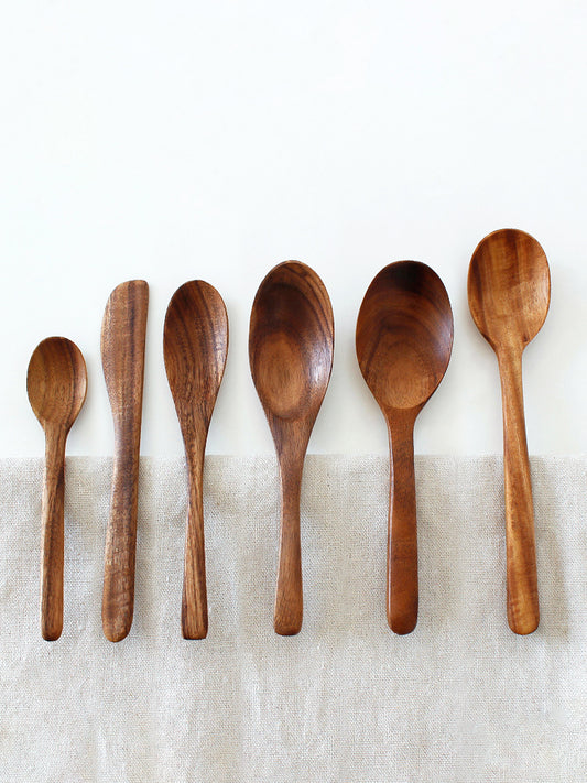 Japanese-style Solid Wood Unpainted Eco-Friendly Teak Wooden Spoon Set - Ideal for Serving Meals, Mixing, and Desserts. Crafted from Natural Teak, Portable and Sustainable Tableware Solution.