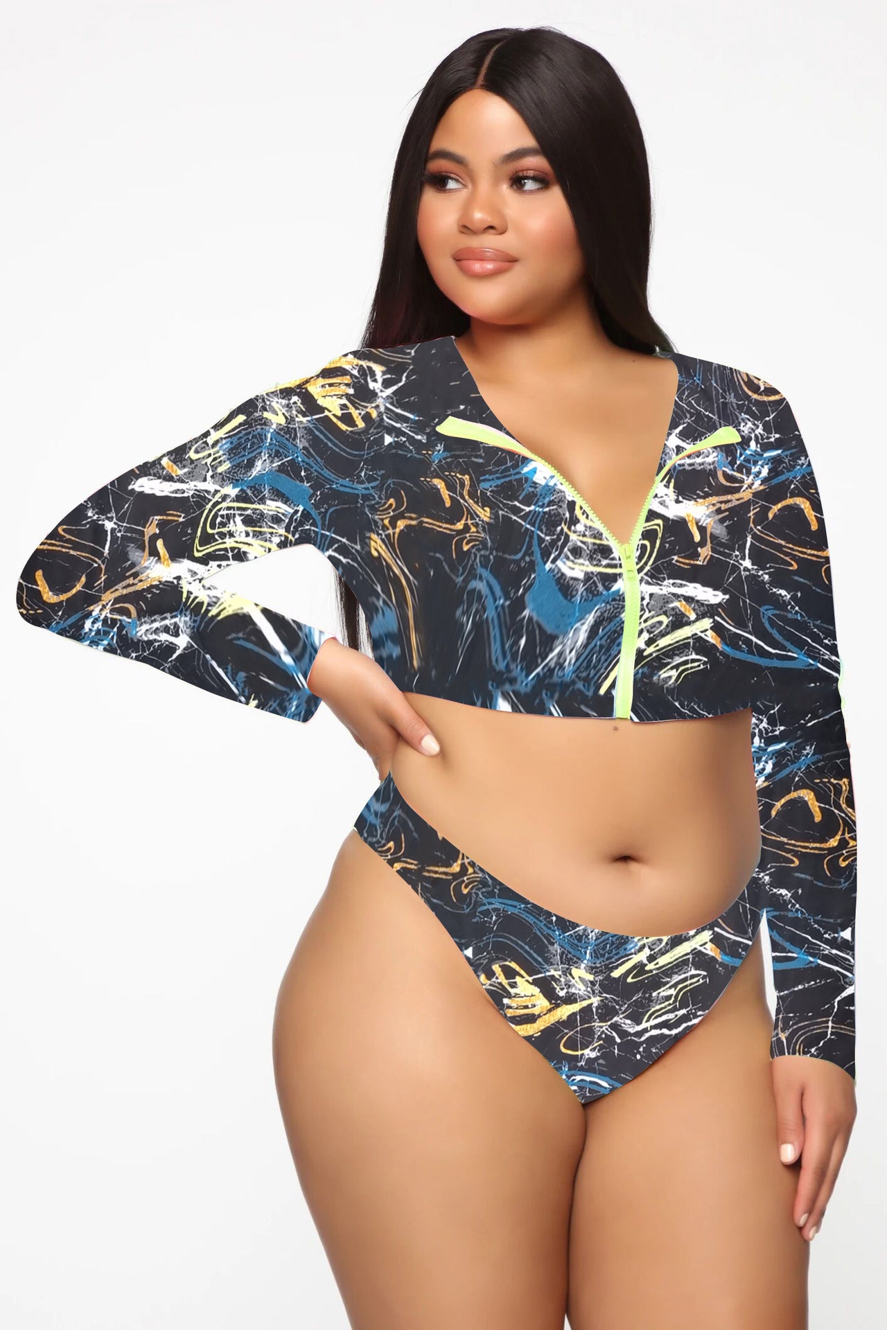 Bikini Long Sleeve Zipper Swimsuit Plus Size Colorful Sexy Plus Size Swimsuit