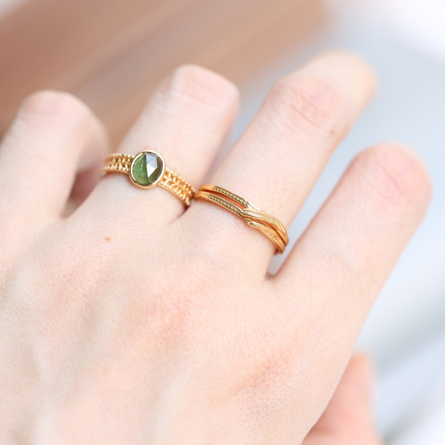 Japanese Light Luxury Winter Limited Ring 925 Silver Natural Green Tourmaline Vintage Leaf Hollow Set Ring