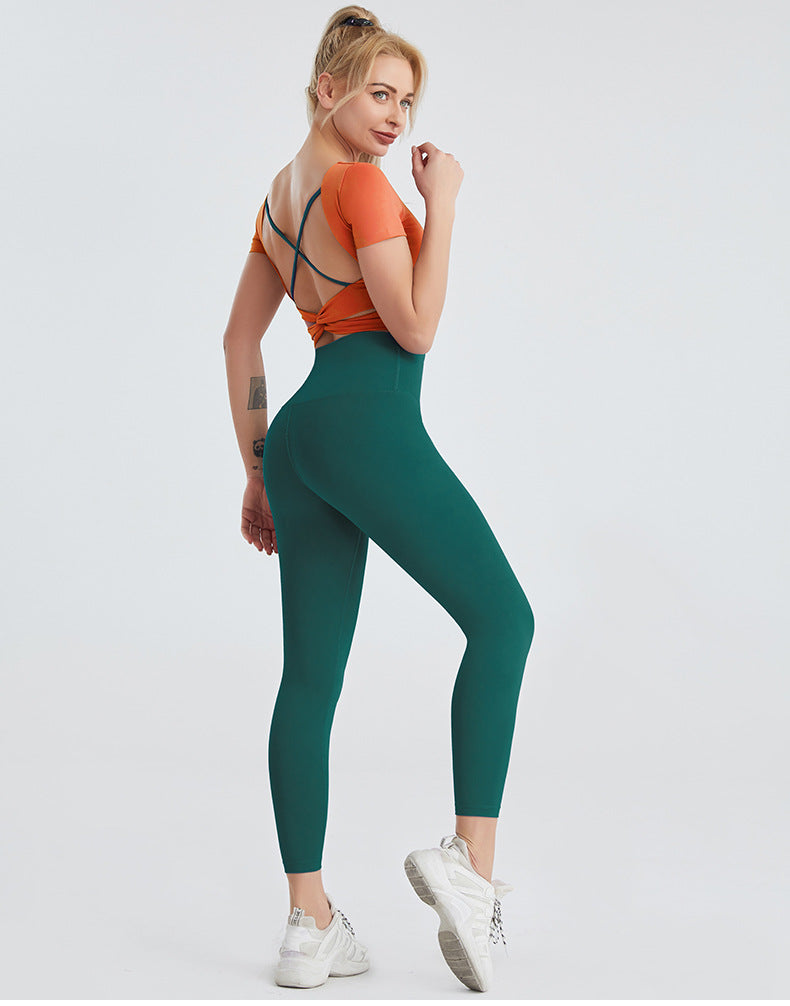 Yoga Wear Women's Nude Sexy Beauty Back Fitness Top High-waist Hip-hip Leggings Two-piece Suit