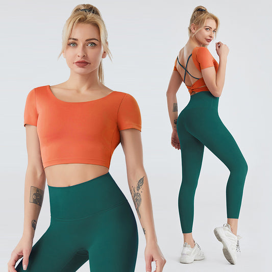 Yoga Wear Women's Nude Sexy Beauty Back Fitness Top High-waist Hip-hip Leggings Two-piece Suit