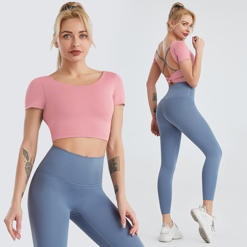 Yoga Wear Women's Nude Sexy Beauty Back Fitness Top High-waist Hip-hip Leggings Two-piece Suit