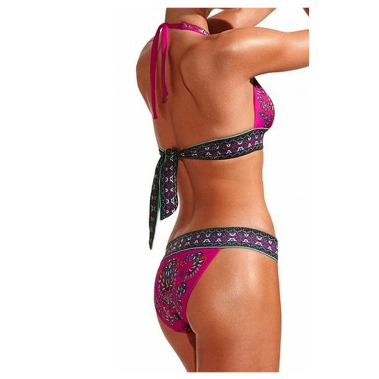 European And American Foreign Single Sexy Bikini Ethnic Style Print Halter Retro Classic Triangle Bikini Swimsuit Women