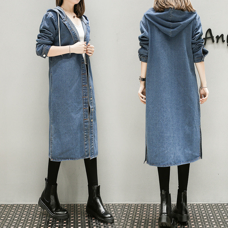 DenimBreeze: Thin denim trench coat with a hood for a stylish and lightweight look.