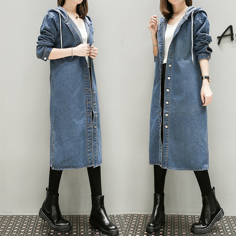 DenimBreeze: Thin denim trench coat with a hood for a stylish and lightweight look.