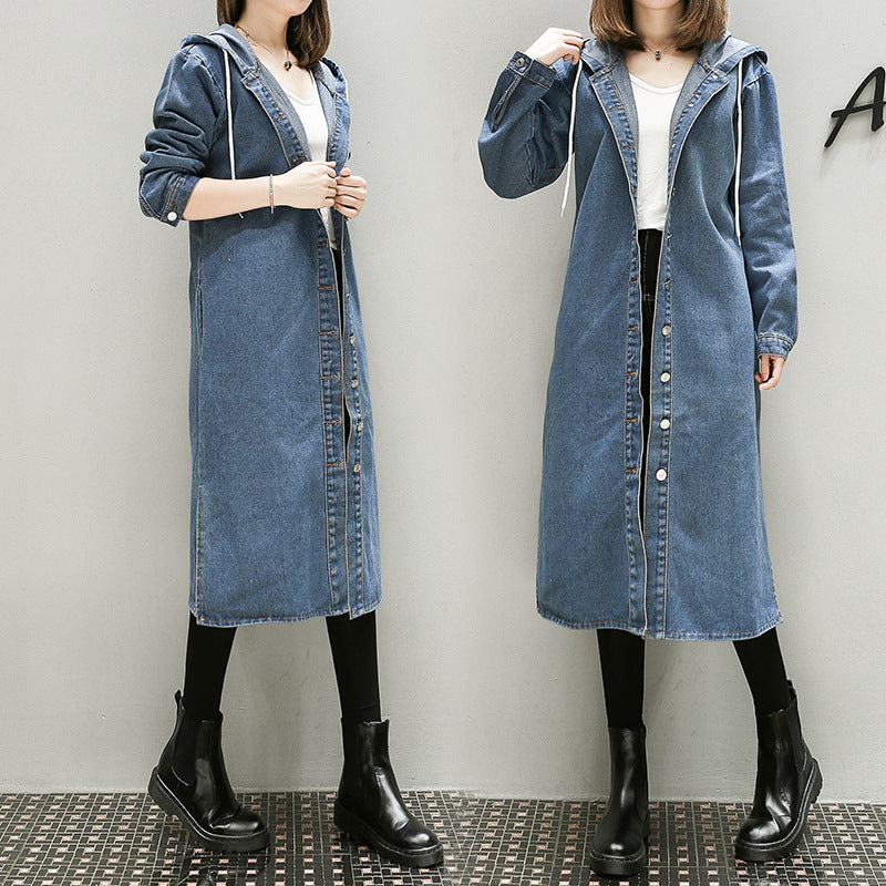 DenimBreeze: Thin denim trench coat with a hood for a stylish and lightweight look.