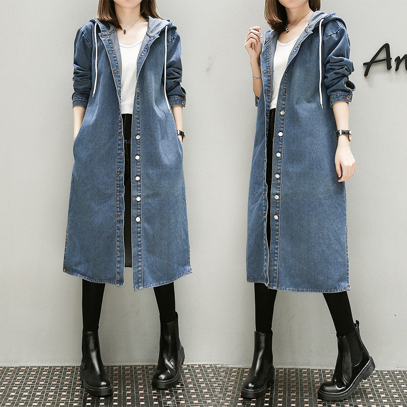 DenimBreeze: Thin denim trench coat with a hood for a stylish and lightweight look.