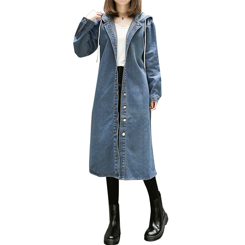 DenimBreeze: Thin denim trench coat with a hood for a stylish and lightweight look.