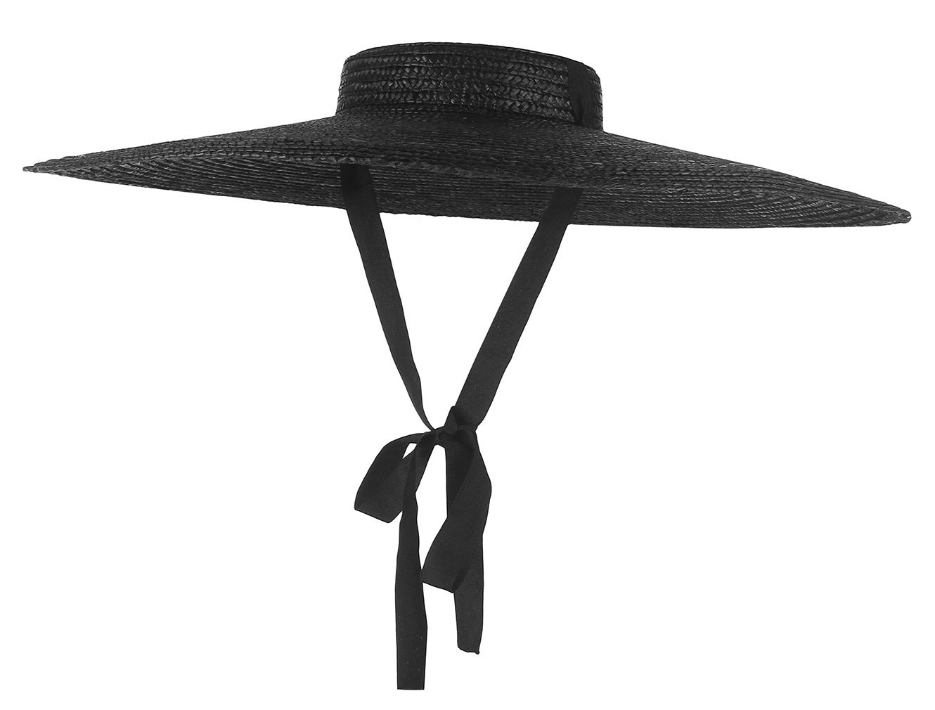 GEMVIE Black Wide Brim Flat Top Straw Hat Summer Hats For Women Ribbon Beach  Boater Fashionable Sun Hat With Chin Strap