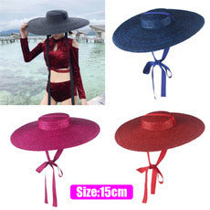 GEMVIE Black Wide Brim Flat Top Straw Hat Summer Hats For Women Ribbon Beach  Boater Fashionable Sun Hat With Chin Strap