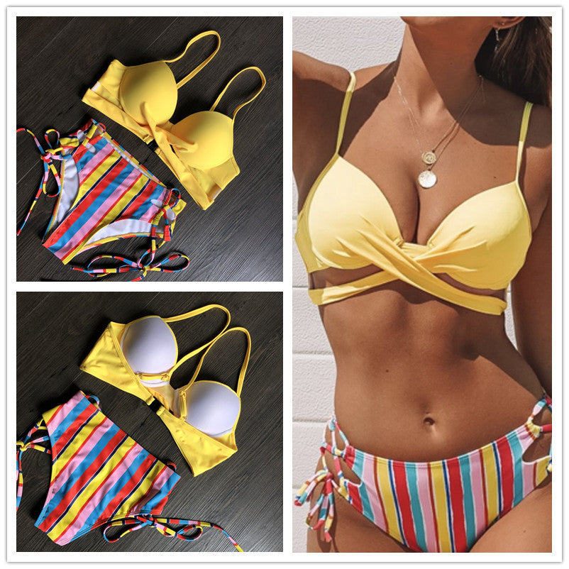 Hard Cover Striped Bikini Split Swimsuit