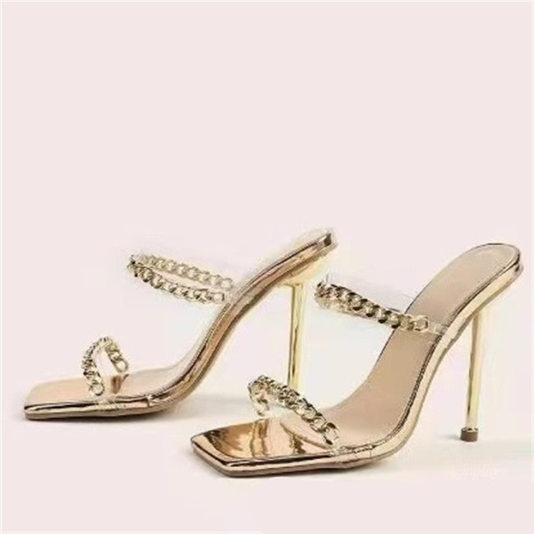 Spring Cross-Border New Women's Shoes Large Size 35-43 European And American Foreign Trade Metal Chain Square Toe High-Heeled Slippers Women