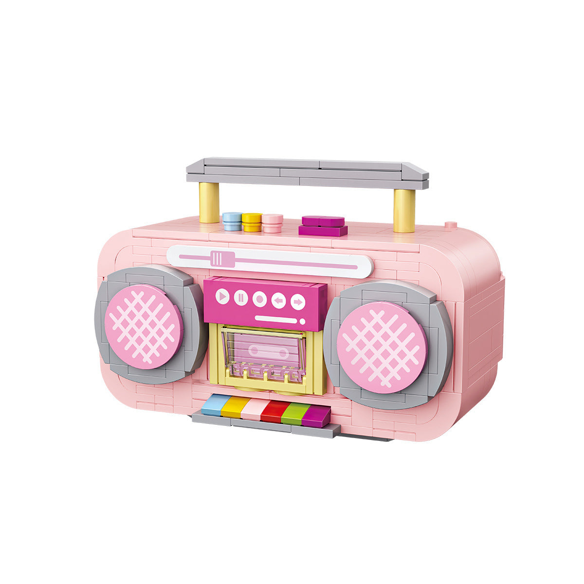 Small Particle Building Blocks Pink Mini Tape Recorder Model Inserting Building Blocks