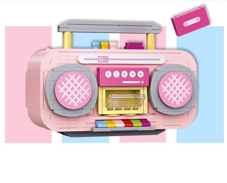 Small Particle Building Blocks Pink Mini Tape Recorder Model Inserting Building Blocks