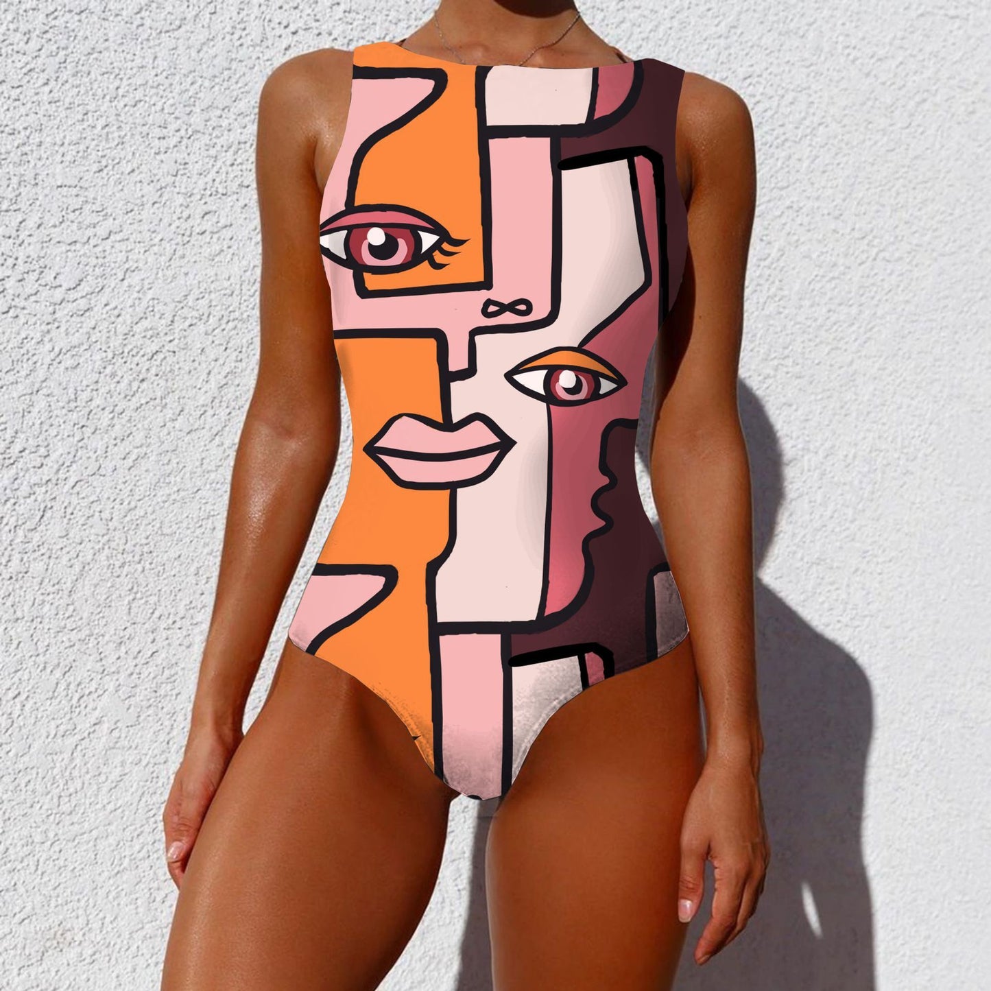 One-piece Fashion Vintage Abstract Print Lady Swimsuit Women Sleeveless Round Neck Bikini Swimwear Summer Push Up Swimsuit