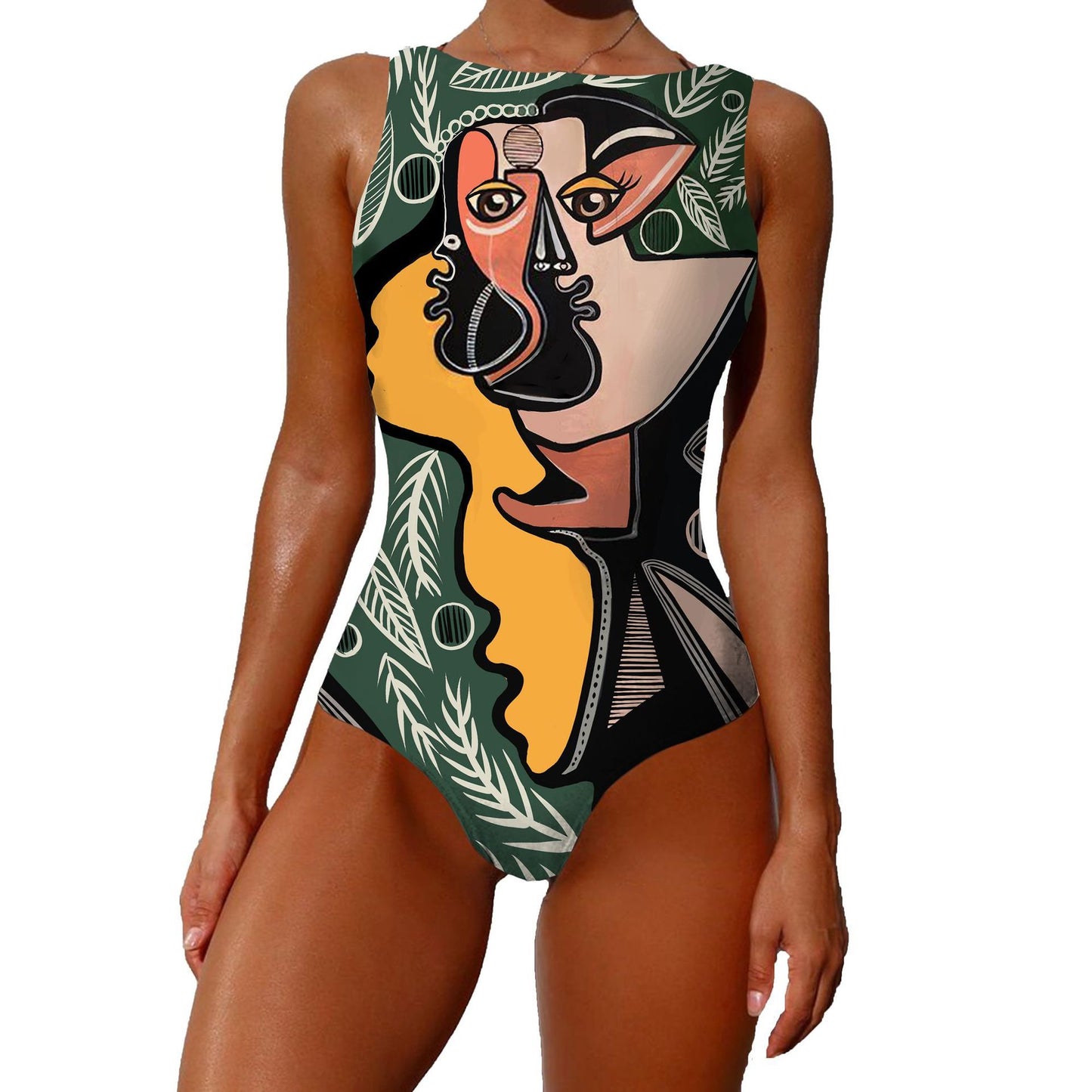 One-piece Fashion Vintage Abstract Print Lady Swimsuit Women Sleeveless Round Neck Bikini Swimwear Summer Push Up Swimsuit