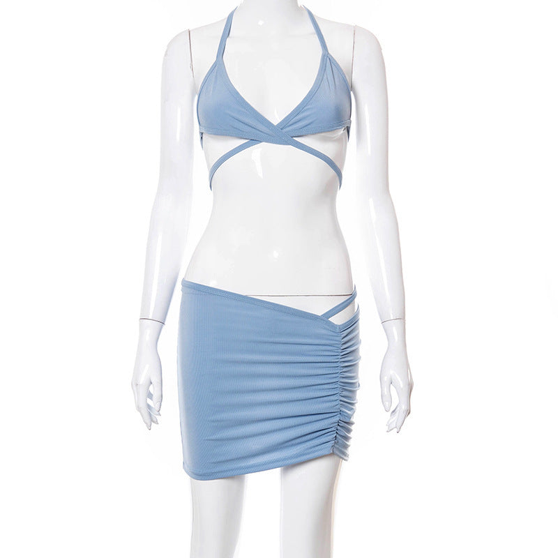 Women Ribbed Criss Cross Bandage Ruching Two Piece