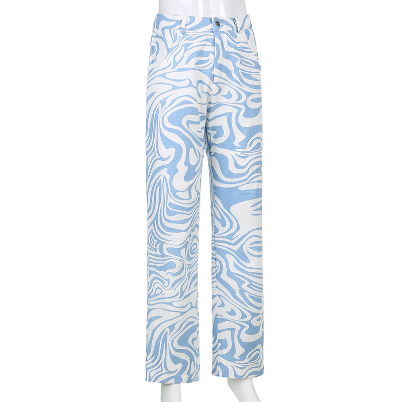 Cross-Border Spring and Summer Blue Loose Street Casual Straight Woven Pants for Women