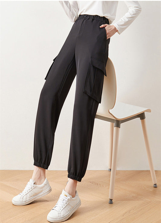 Cargo Pants: Elastic High Waist Cropped Trousers for Casual Wear