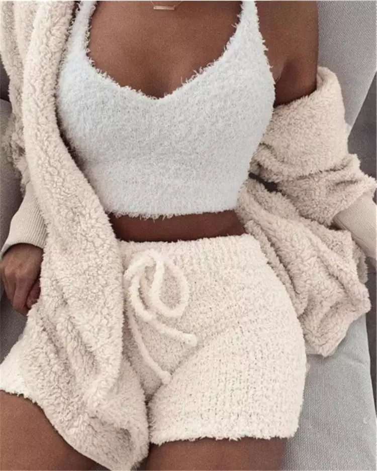 Winter Sexy Women Home Wear Suit Casual Pajamas Set Lady Female Soft Warm Long Sleeve Exposed Navel Vest Shorts Set