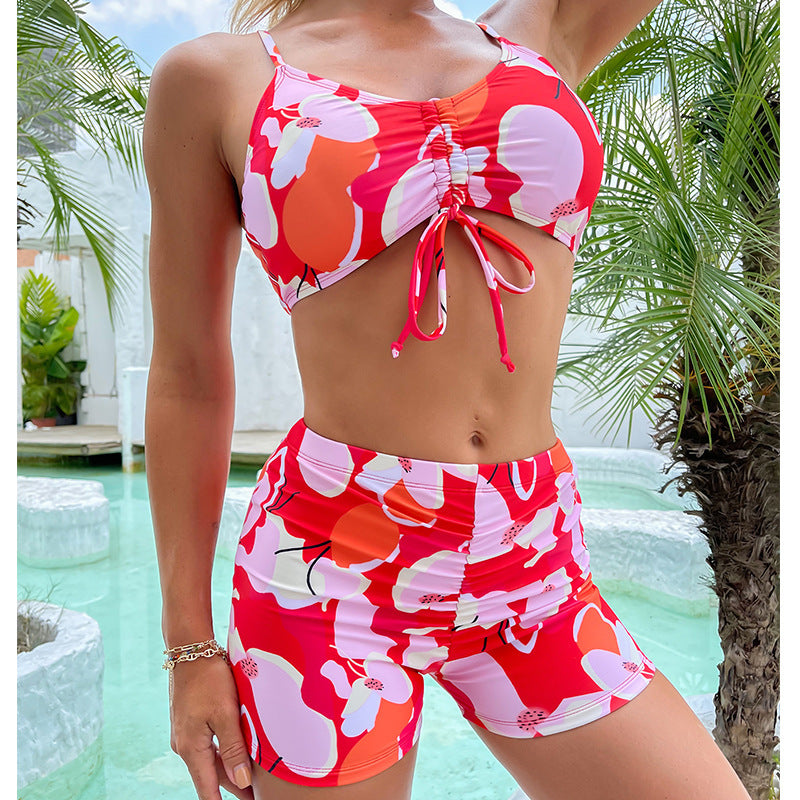 Printed Drawstring Shorts High Waist Bikini Swimsuit Swimwear