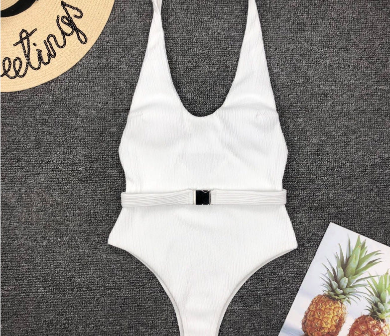 Women'S One-Piece Swimsuit European And American Solid Color Special Fabric Belt Buckle One-Piece Bikini