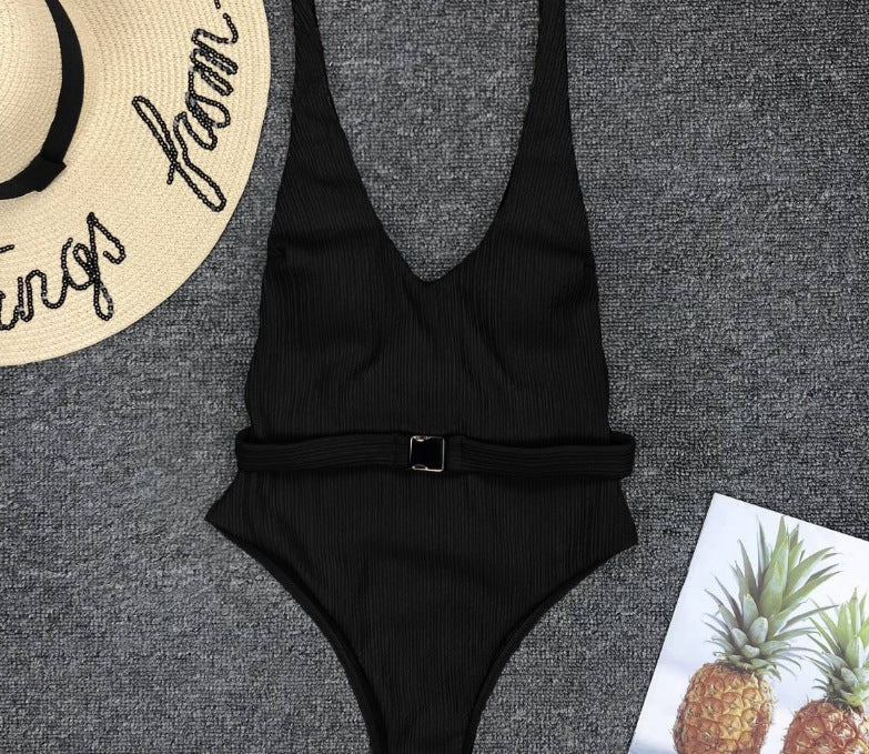 Women'S One-Piece Swimsuit European And American Solid Color Special Fabric Belt Buckle One-Piece Bikini