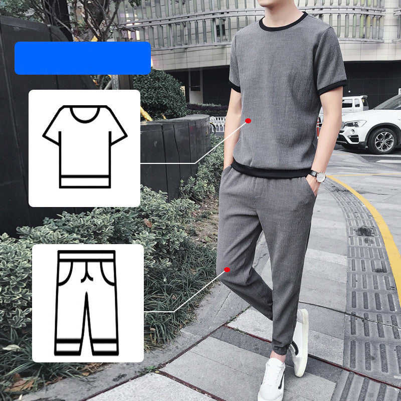 Ice Silk Short-Sleeved T-Shirt Men'S Summer Trend Set With Handsome Clothes Men'S Casual Linen Suit